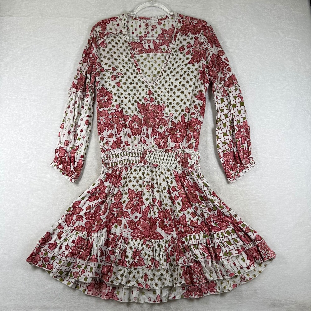 Poupette St Barth Pink Floral Smocked Ruffle Mini Dress Womens S